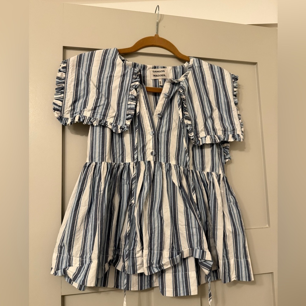 Damson Madder Blue and White Striped Ruffle Collar Blouse